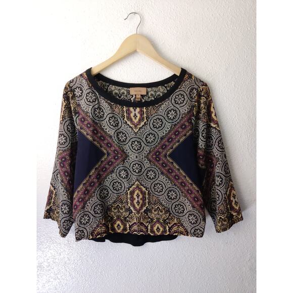 Anthropologie Kachel Black & Tan Boho Mixed Print Peasant Top Size 4 - Picture 1 of 7